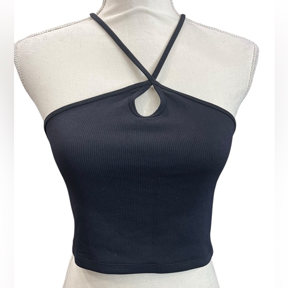 ZARA Black Halter Keyhole Crop Top NWT | Ribbed Strappy Back Tank Size L - Picture 2 of 9